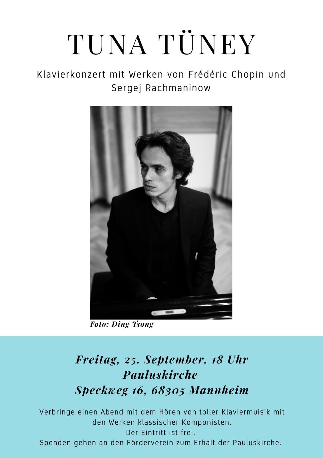 Veranstaltungsplakat zum Klavierkonzert von Tuna Tüney am 25. September 2026 in der Pauluskirche